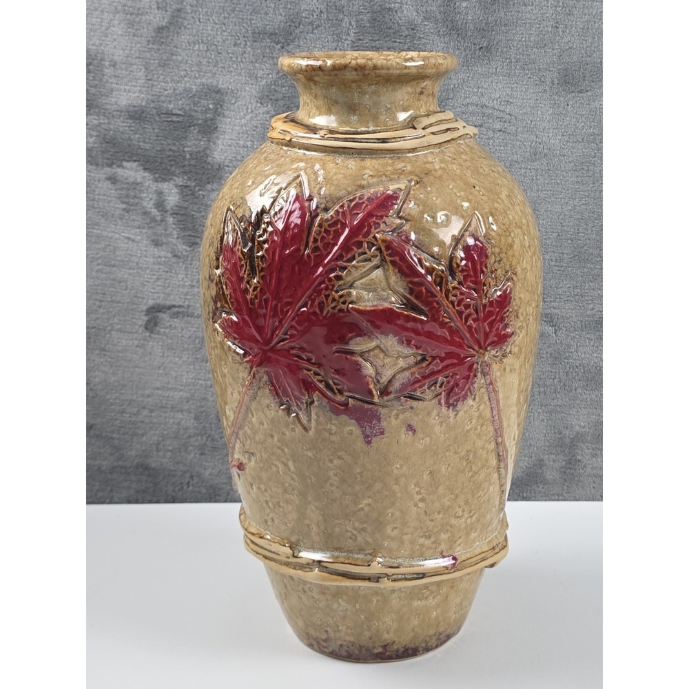 Art Pottery Textured Vase Fall Maple Leaves   4509 Orange‎ Gold Red 11" tall